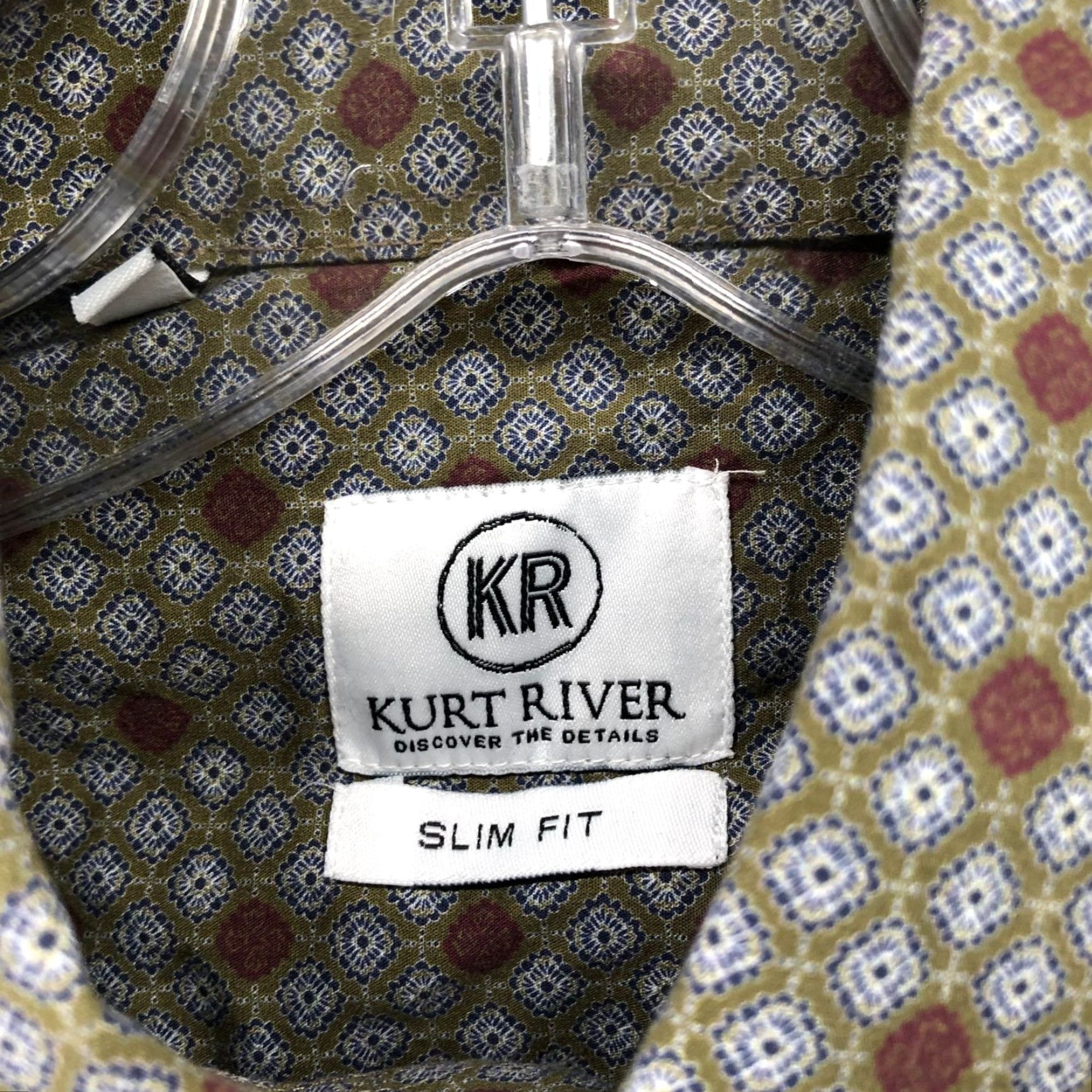 Olive Kurt River Long Sleeve Shirt Mens S Slim Fit Olive Green Burgundy Geo Print Shirt (Geometric) Button-Up Collared-Down Vintage? No — exclude. Size US S / EU 44-46 / 1 - 5 Thumbnail