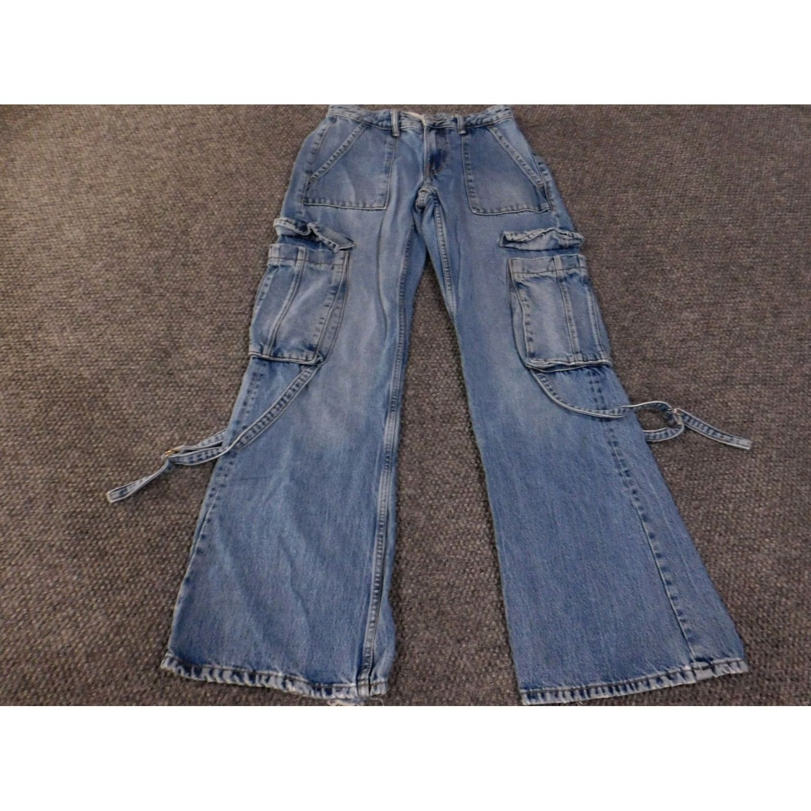 Zara Zara Jeans Womens 0 Blue Cargo Wide-Leg Denim Pocket Zipper Pockets Distressed 31in Inseam Size 25" / US 0 / IT 36 - 2 Thumbnail