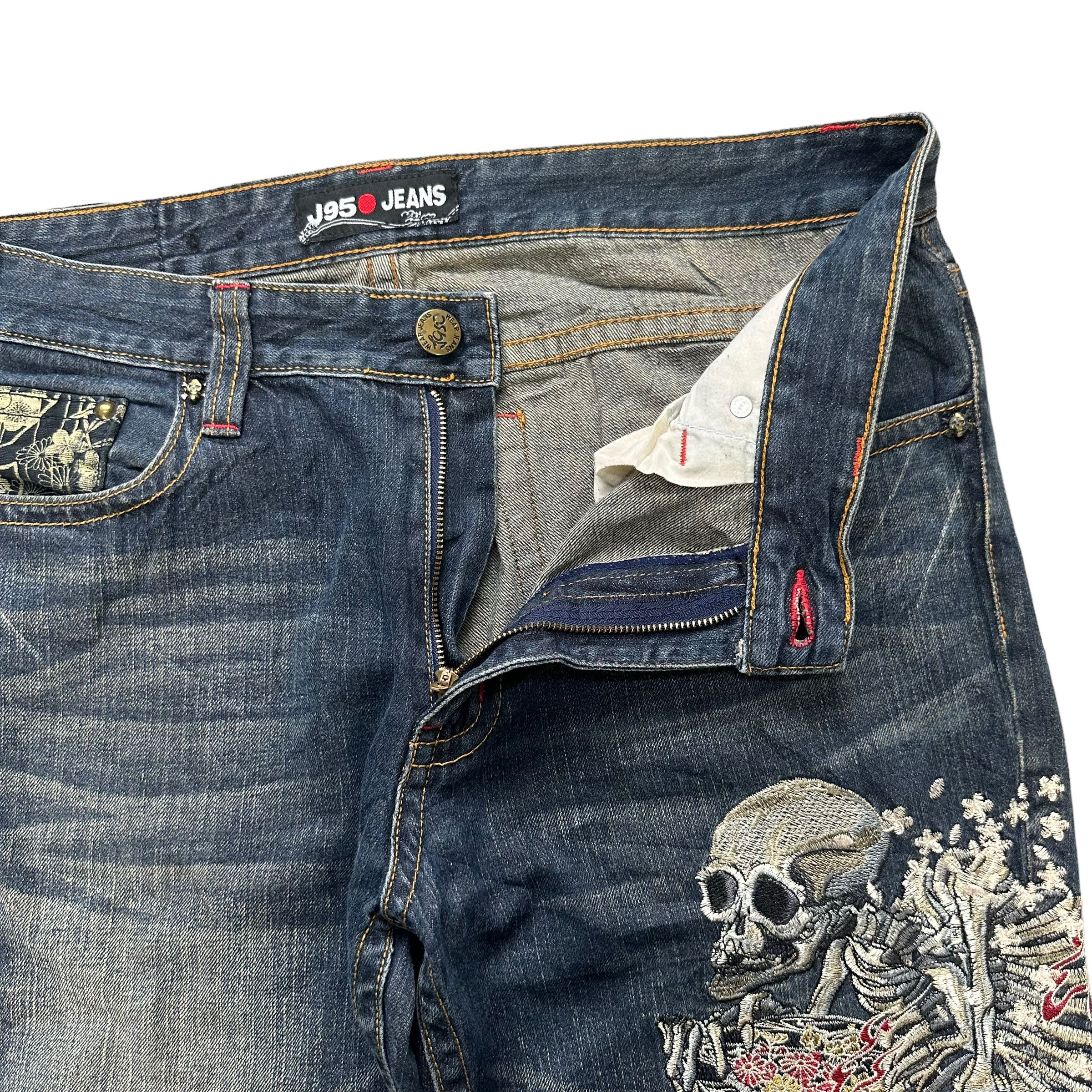Japanese Brand J950 JEANS SUKAJAN EMBROIDERED SKELETON DENIM PANT #7801-177 Size US 35 - 9 Thumbnail