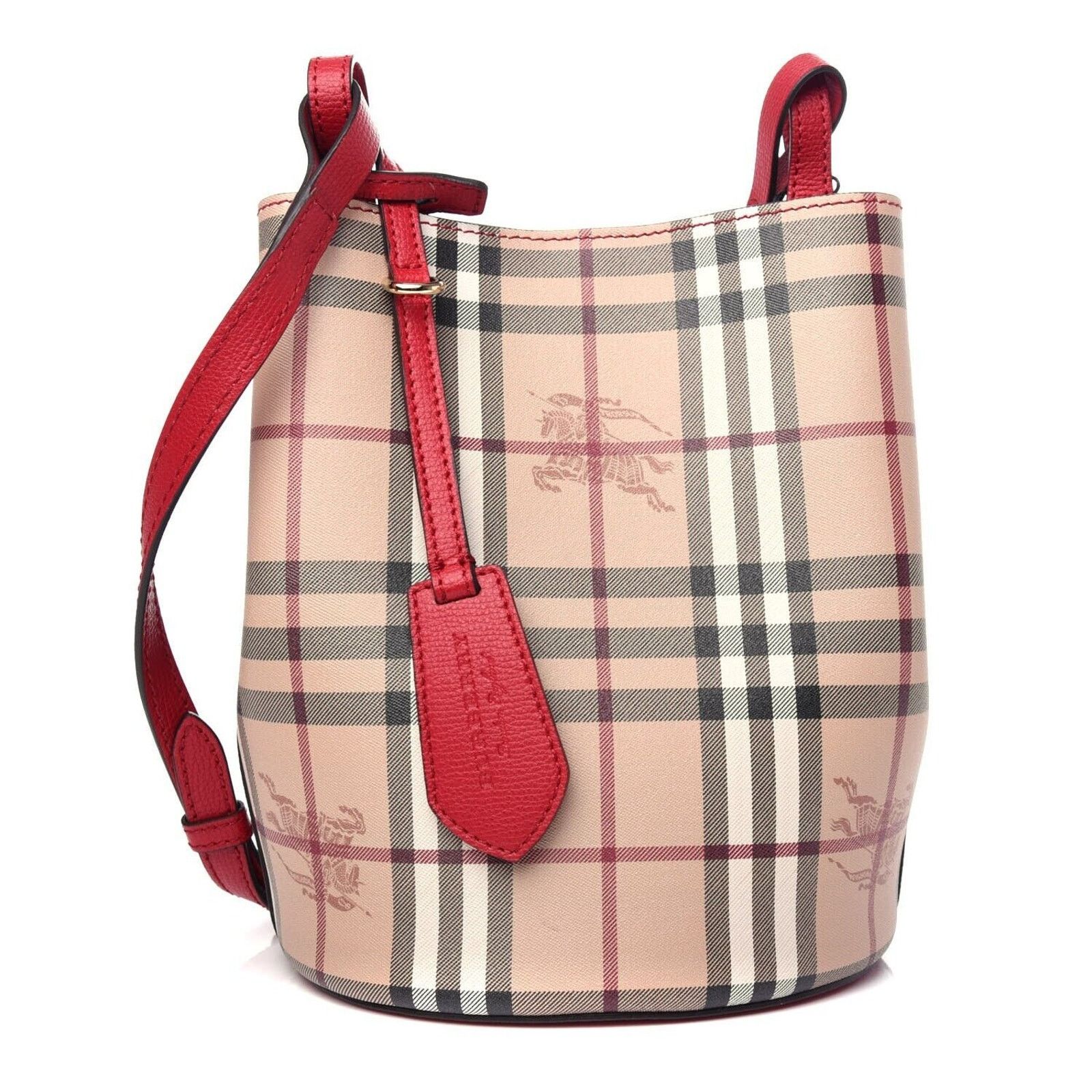 Burberry LORNE RED LEATHER HAYMAKET CHECK CROSSBODY BUCKET SMALL BAG Size ONE SIZE - 3 Thumbnail