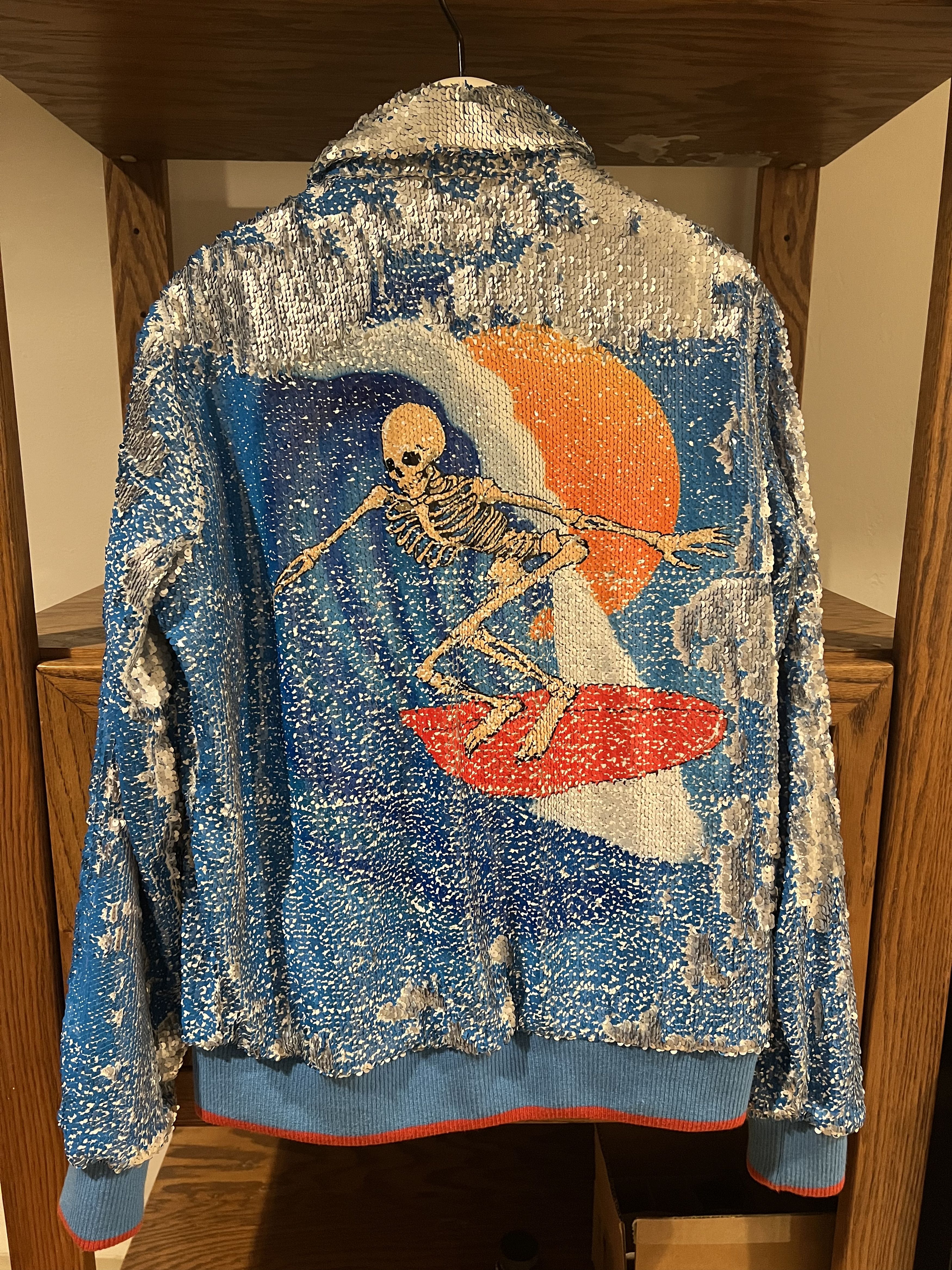 image of Ovadia Sons Skeleton Surfer Sequin Jacket (Stanley Mouse) S in Blue, Men's (Size Small)