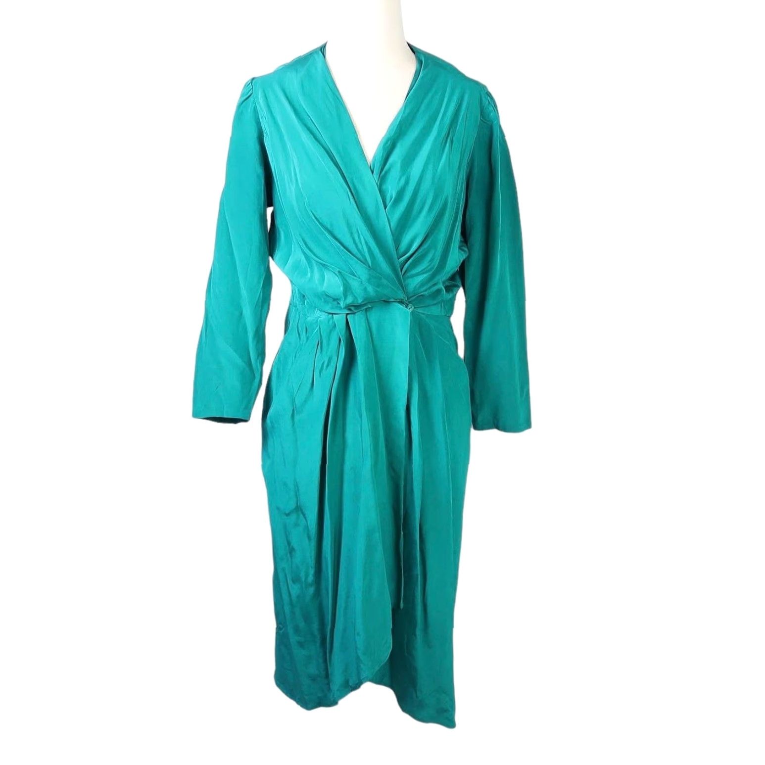 Altea VINTAGE Argenti teal green Silk long sleeve wrap dress 4P Petite 1990s Cocktail Knee Length Womens Size S / US 4 / IT 40 - 2 Thumbnail