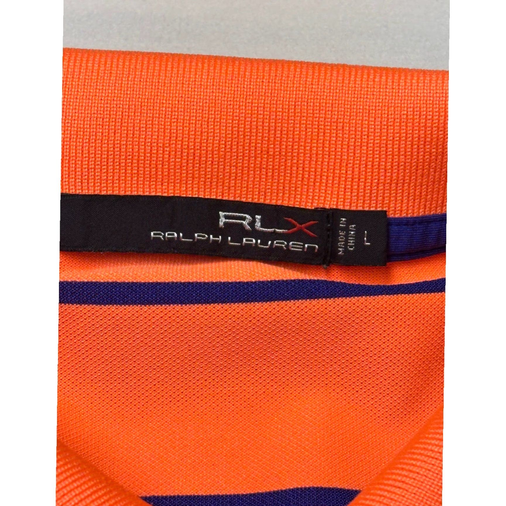 RLX Ralph Lauren RLX Ralph Lauren Mens Large Orange Navy Blue Striped Performance Golf Polo Shirt Size US L / EU 52-54 / 3 - 3 Thumbnail