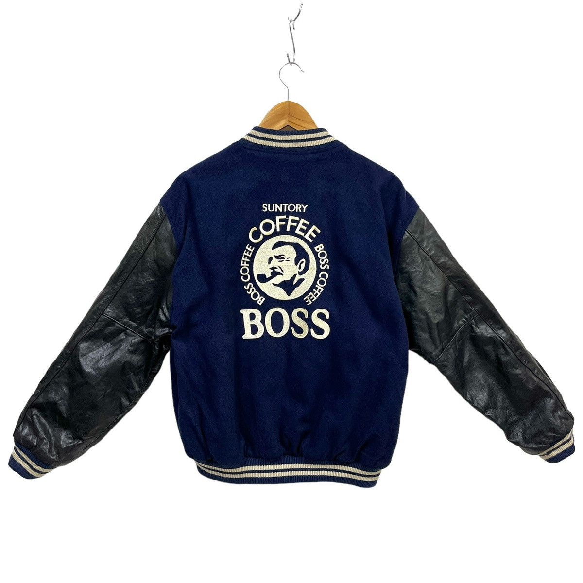 image of Suntory Boss Coffee Varsity Bomber Jacket Leather Sleeves L in Blue, Men's (Size Large)