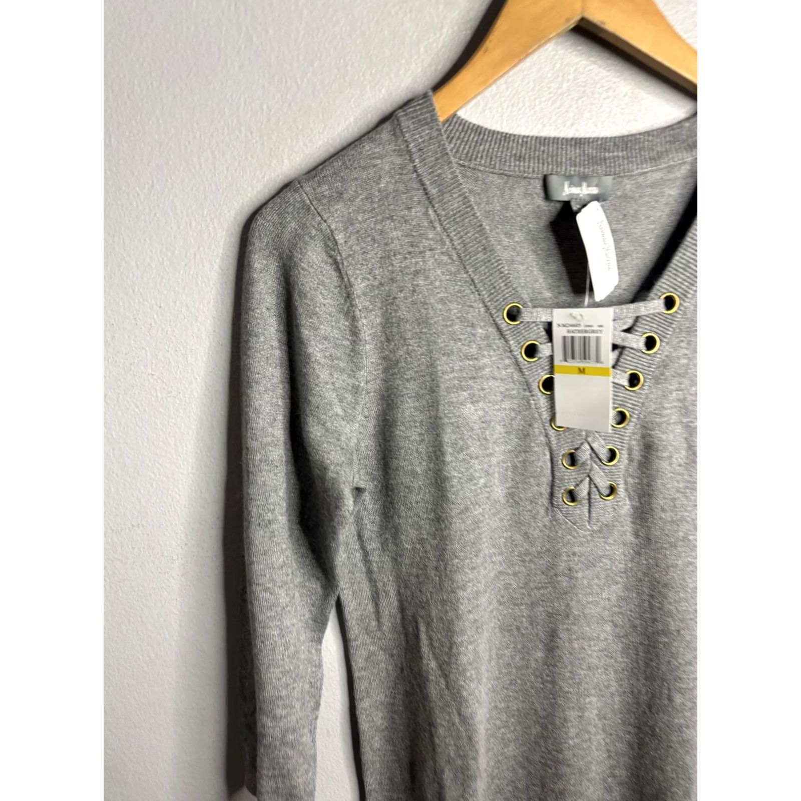 Neiman Marcus Neiman Marcus Womens Medium Gray V Neck Knit Sweater Dress 3/4 Sleeve Lace Up Size M / US 6-8 / IT 42-44 - 2 Thumbnail