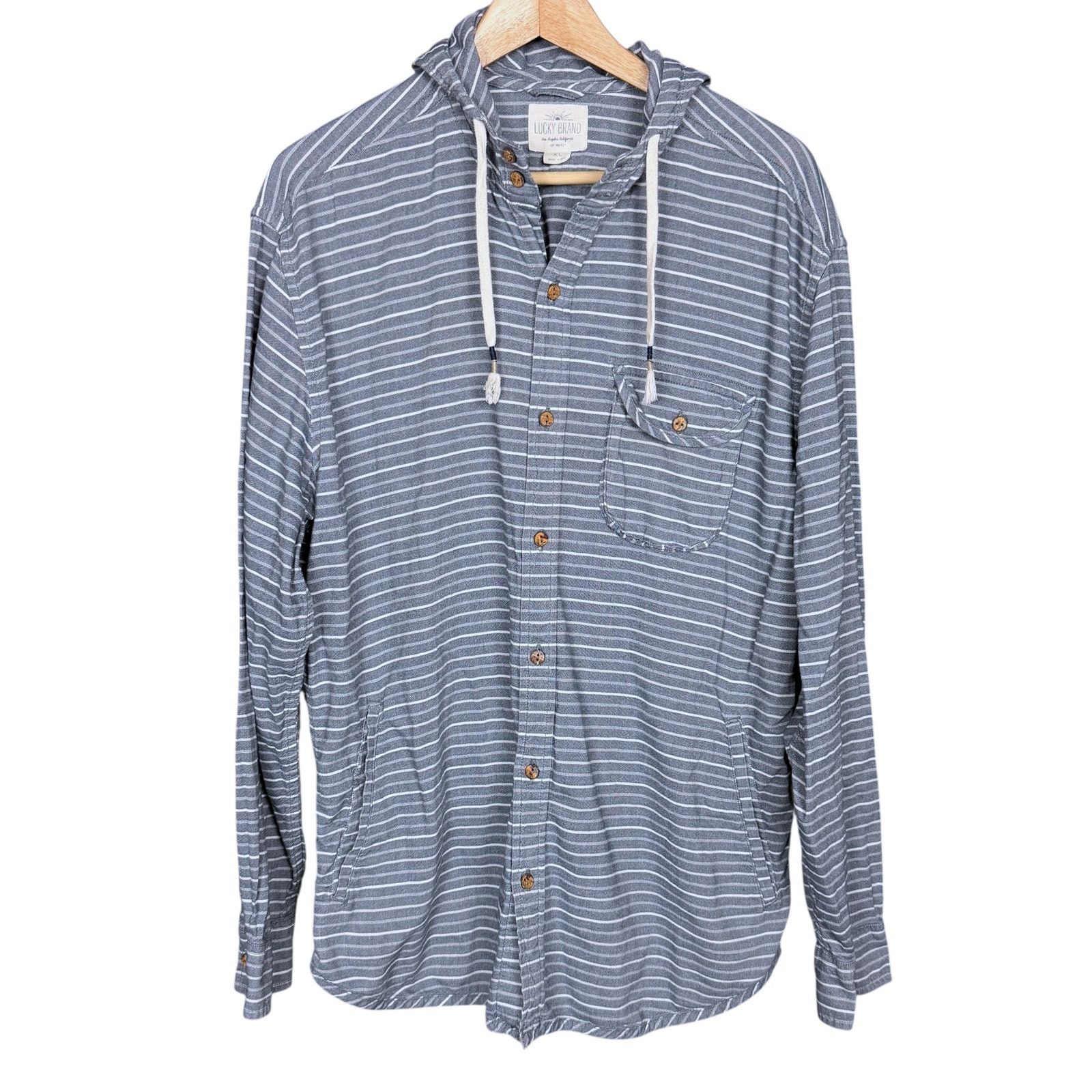 Lucky Brand Lucky Brand XL Striped Linen Blend Hooded Button-Up Shirt Size US XL / EU 56 / 4 - 2 Thumbnail
