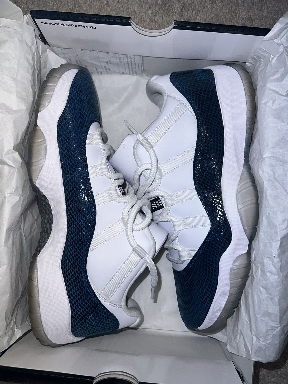 image of Jordan Nike Jordan 11 Retro Low Navy Blue Snake Skin Shoes in Blue/Navy/White, Men's (Size 10)
