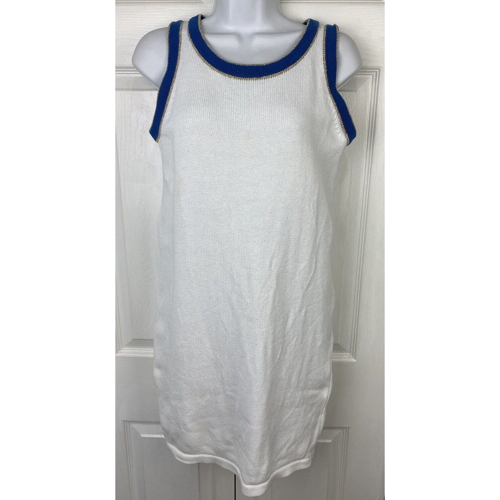 Bloomingdale's Bloomingdales Women's White Blue Gold Knit Sheath Dress S Size S / US 4 / IT 40 - 1 Thumbnail