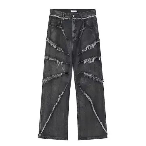 Japanese Brand Black Baggy Frayed Embroidery Denim Jeans Size US 32 / EU 48 - 3 Thumbnail