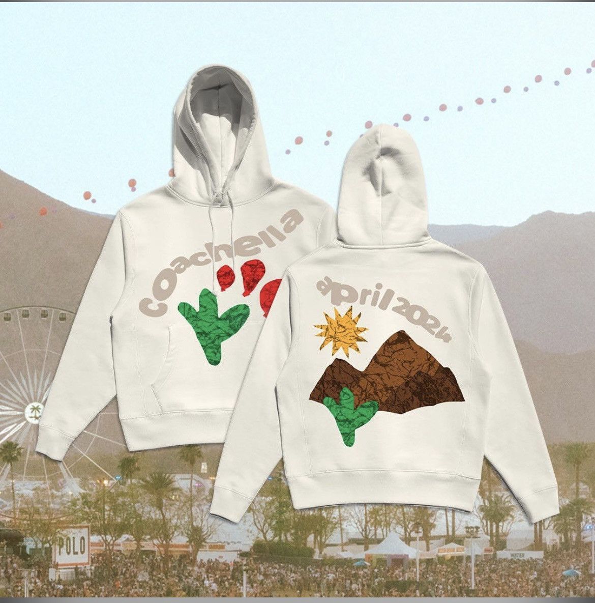 image of Coachella Limited 2024 Pre Hoodie Cactus Balloon Desert in White, Men's (Size Medium)