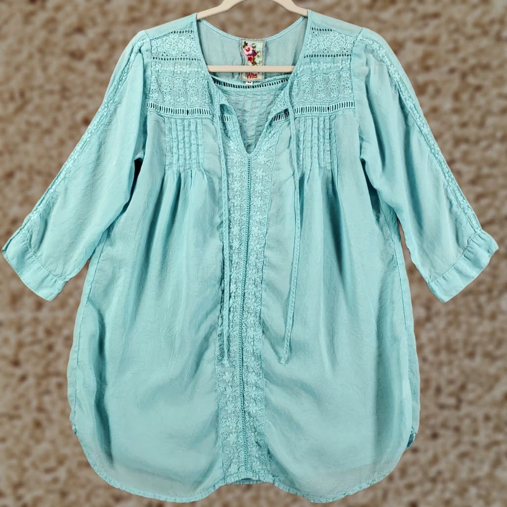 Johnny Was Johnny Was Top Womens M Blue Embroidered Boho Pleated Sheer Cupra Shirt Blouse Tunic V-Neck Pullover Size M / US 6-8 / IT 42-44 - 1 Thumbnail