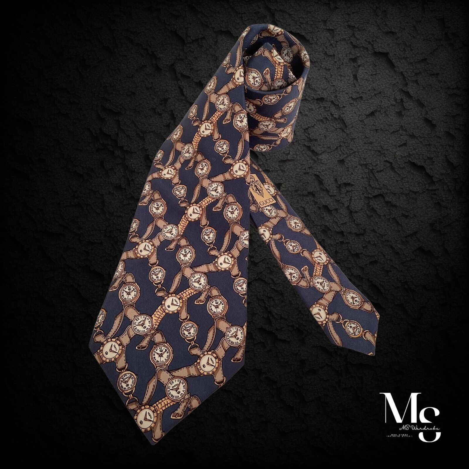 Gucci GUCCI Blue Watches Print Silk Tie Made In Italy W: 3.7" EC Size ONE SIZE - 1 Thumbnail