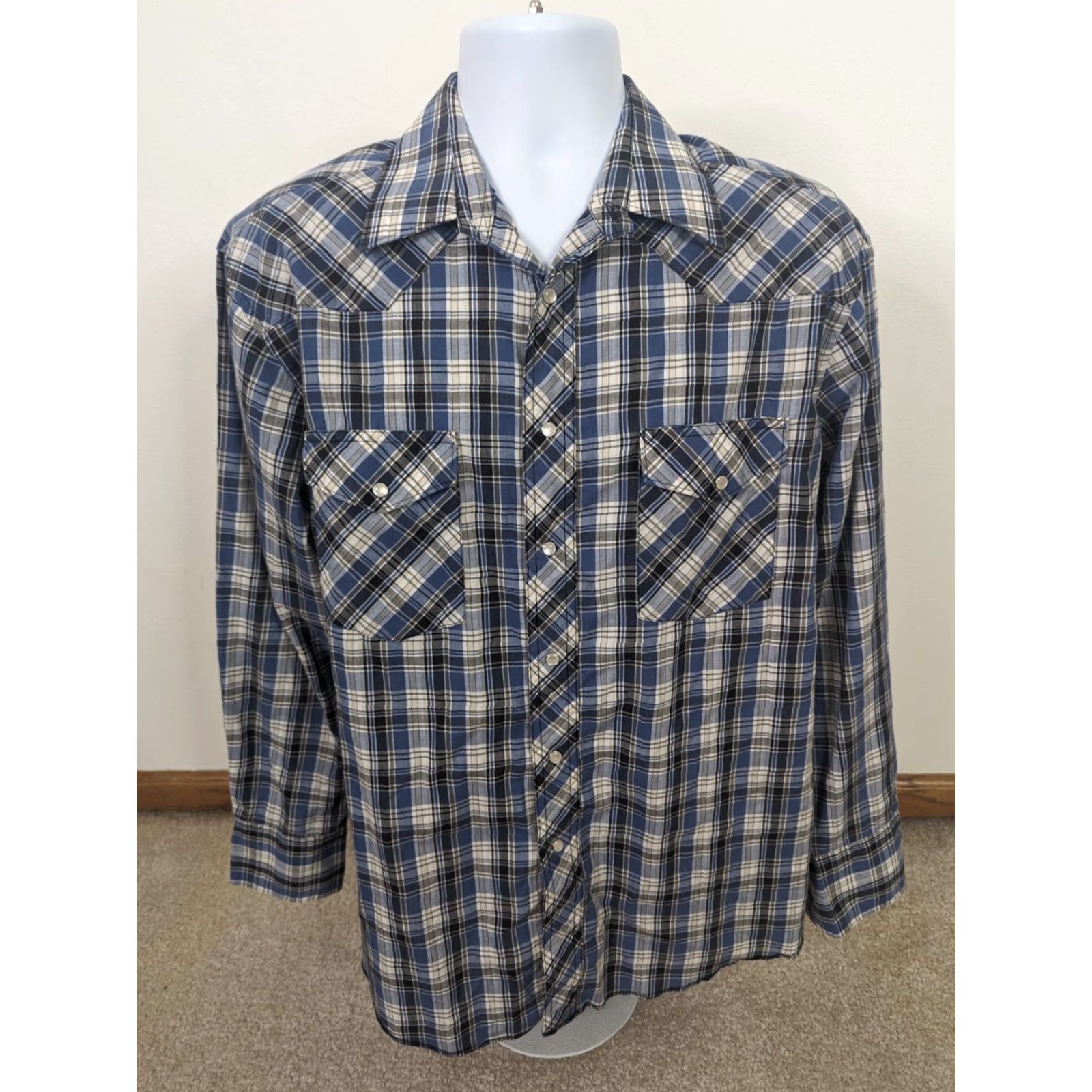 Wrangler VINTAGE Wrangler Pearl Snap Shirt Mens Large Blue Plaid Long Sleeve Button Up L6M Size US L / EU 52-54 / 3 - 2 Thumbnail