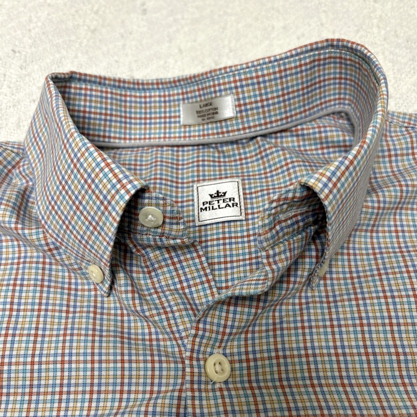 Peter Millar Peter Millar Mens L Red Blue Plaid Cotton Button-Down Short Sleeve Shirt Size US 33 - 2 Thumbnail