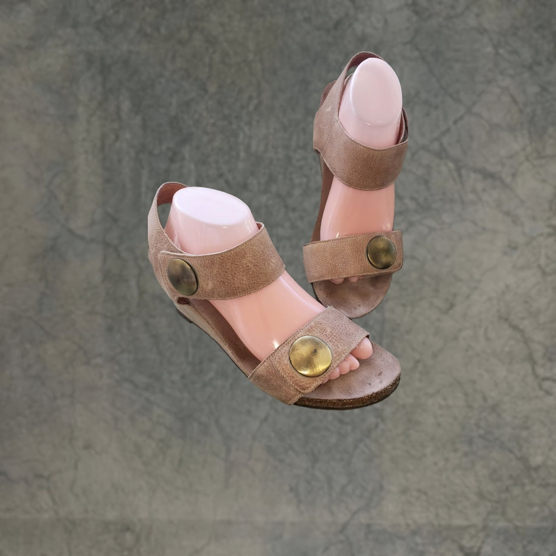 Taos Taos Carousel Wedge Sandal 10.5M Taupe T-Strap Hook & Loop Large Brass Buttons Sandal Womens Shoes Size US 11 / IT 41 - 1 Thumbnail