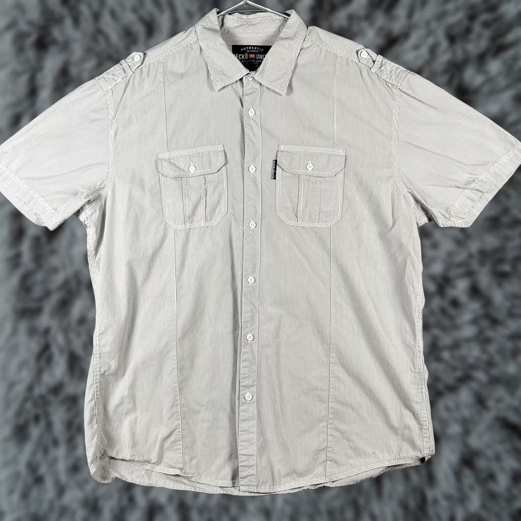 Ecko Unltd. Ecko Unltd Shirt Mens 2XL Gray White Striped Short Sleeve Casual Button Pockets Size US XXL / EU 58 / 5 - 1 Thumbnail