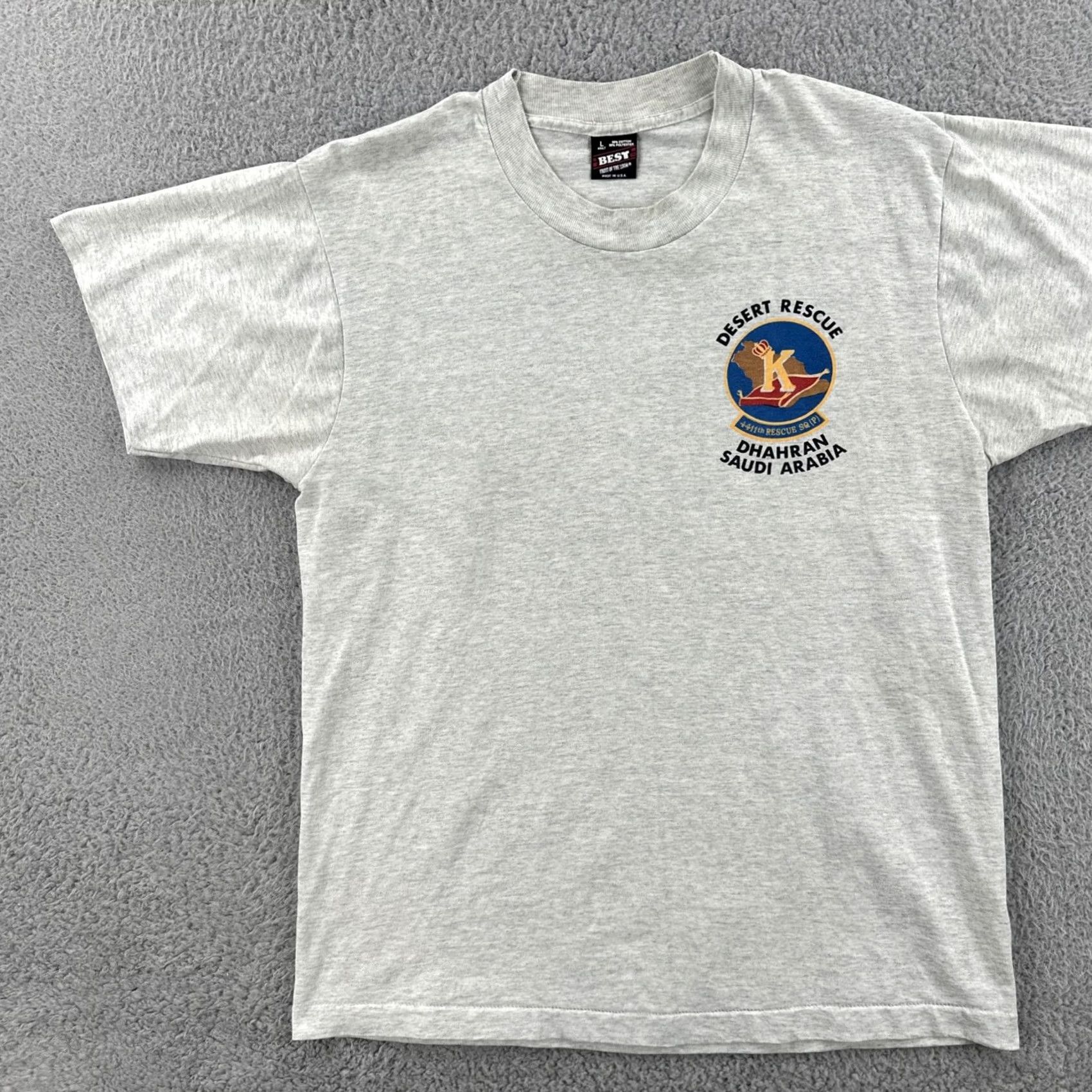 Fruit Of The Loom VINTAGE Fruit Of The Loom Shirt L Gray USA Made Desert Rescue Dhahran Saudi Arabia Mens 90s Army Patriotic Size US L / EU 52-54 / 3 - 4 Thumbnail