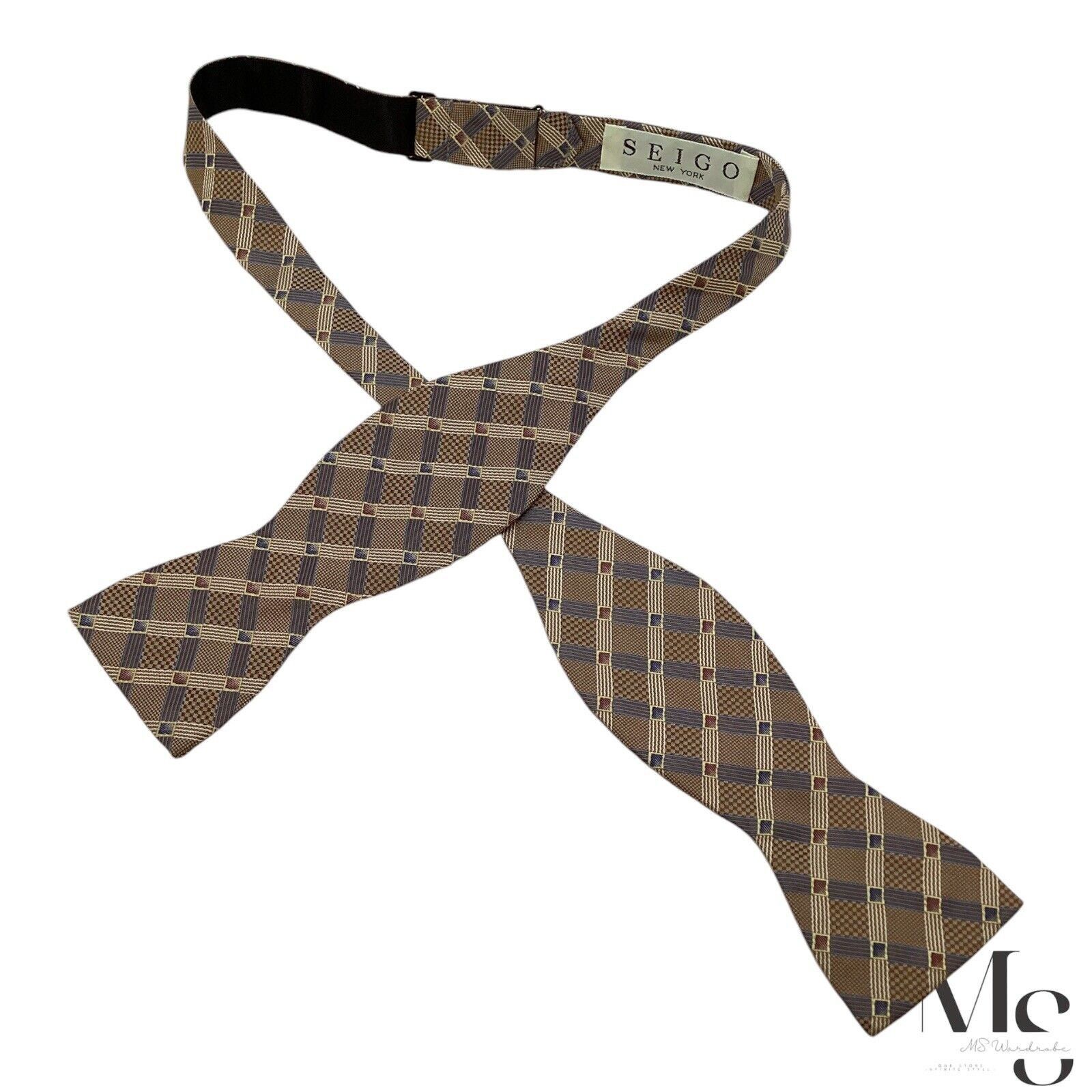 Other SEIGO NEW YORK Brown Plaids & Cheks Adjustable Self Bow Tie Size ONE SIZE - 1 Thumbnail