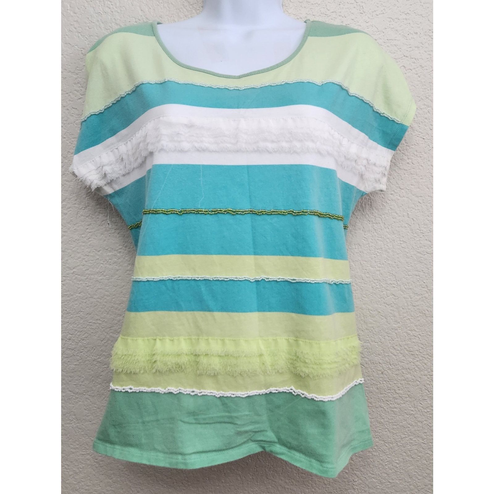 Other Ruby Rd. Blue Green White Striped Capped Sleeves Top Medium Size M / US 6-8 / IT 42-44 - 1 Thumbnail