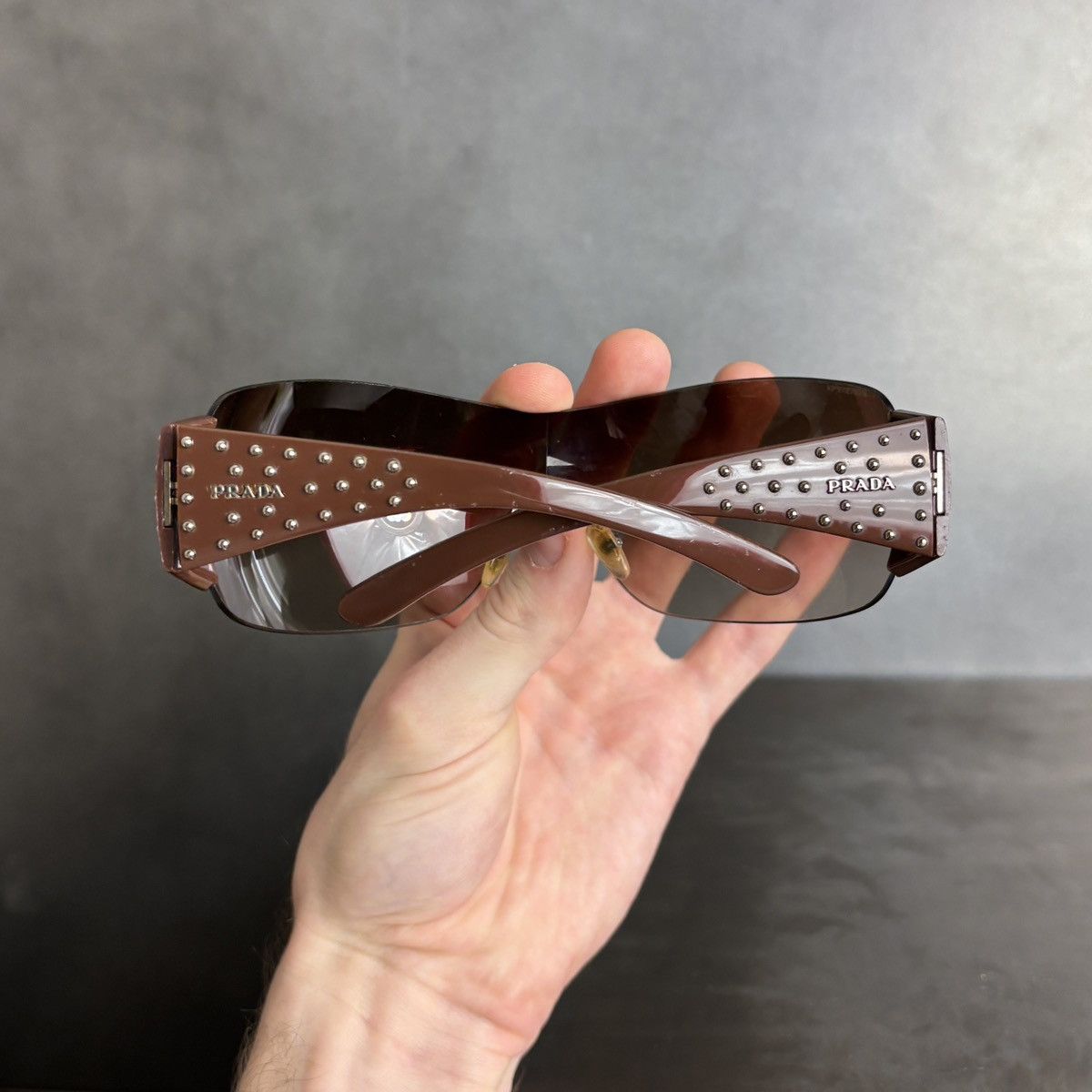 Prada 2011 Prada Sunglasses Y2K Prada Studded Shield Wrap SPR 29L Size ONE SIZE - 20 Thumbnail