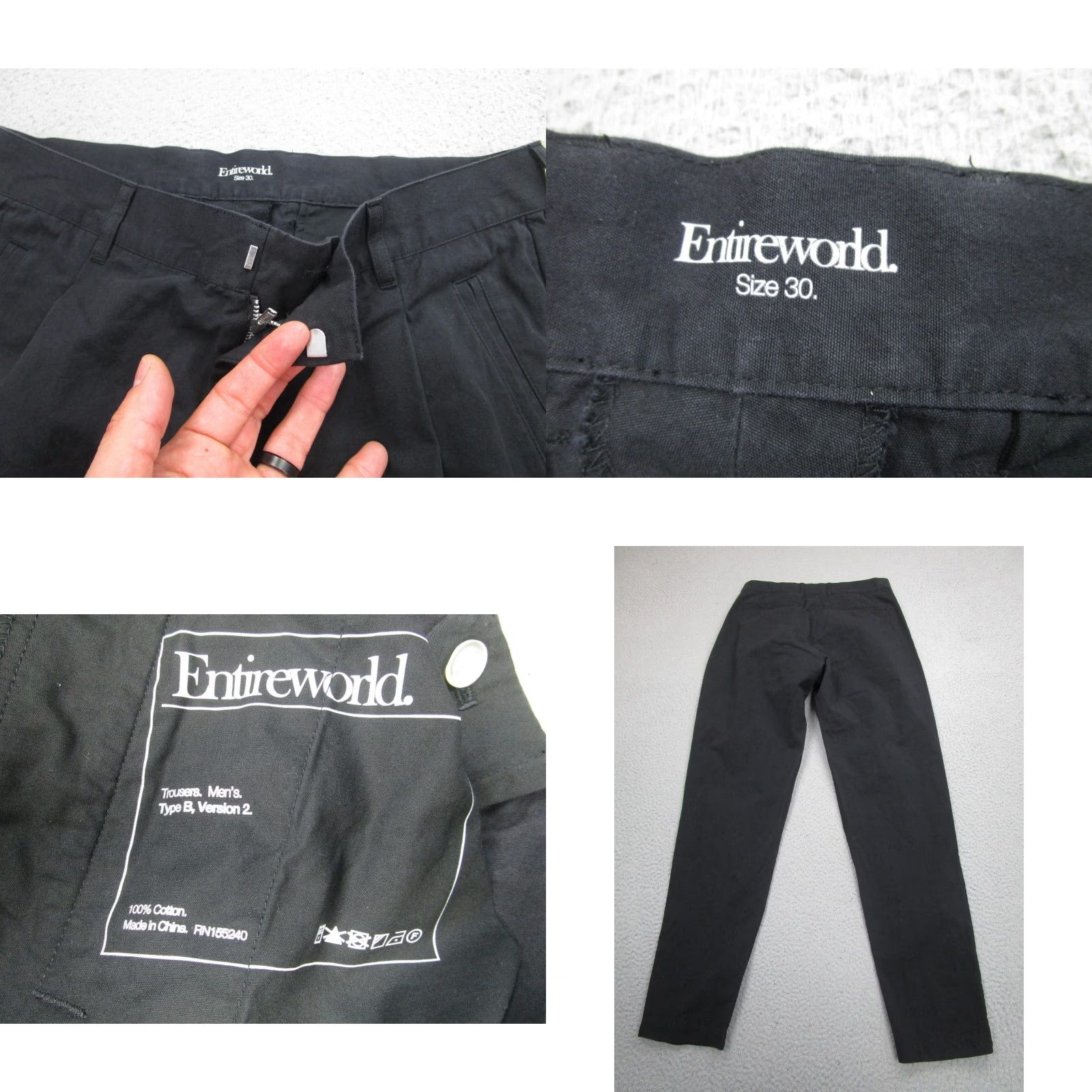 ENTIREWORLD Chino Pants Mens 30 Black Cotton Tapered Zip Fly Trousers