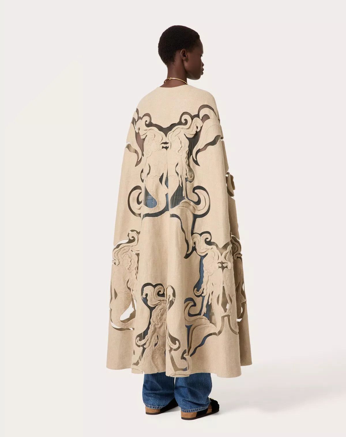 Valentino o1s1wg110426 Embroidered Linen Canvas Cape in Beige Size M / US 6-8 / IT 42-44 - 6 Thumbnail