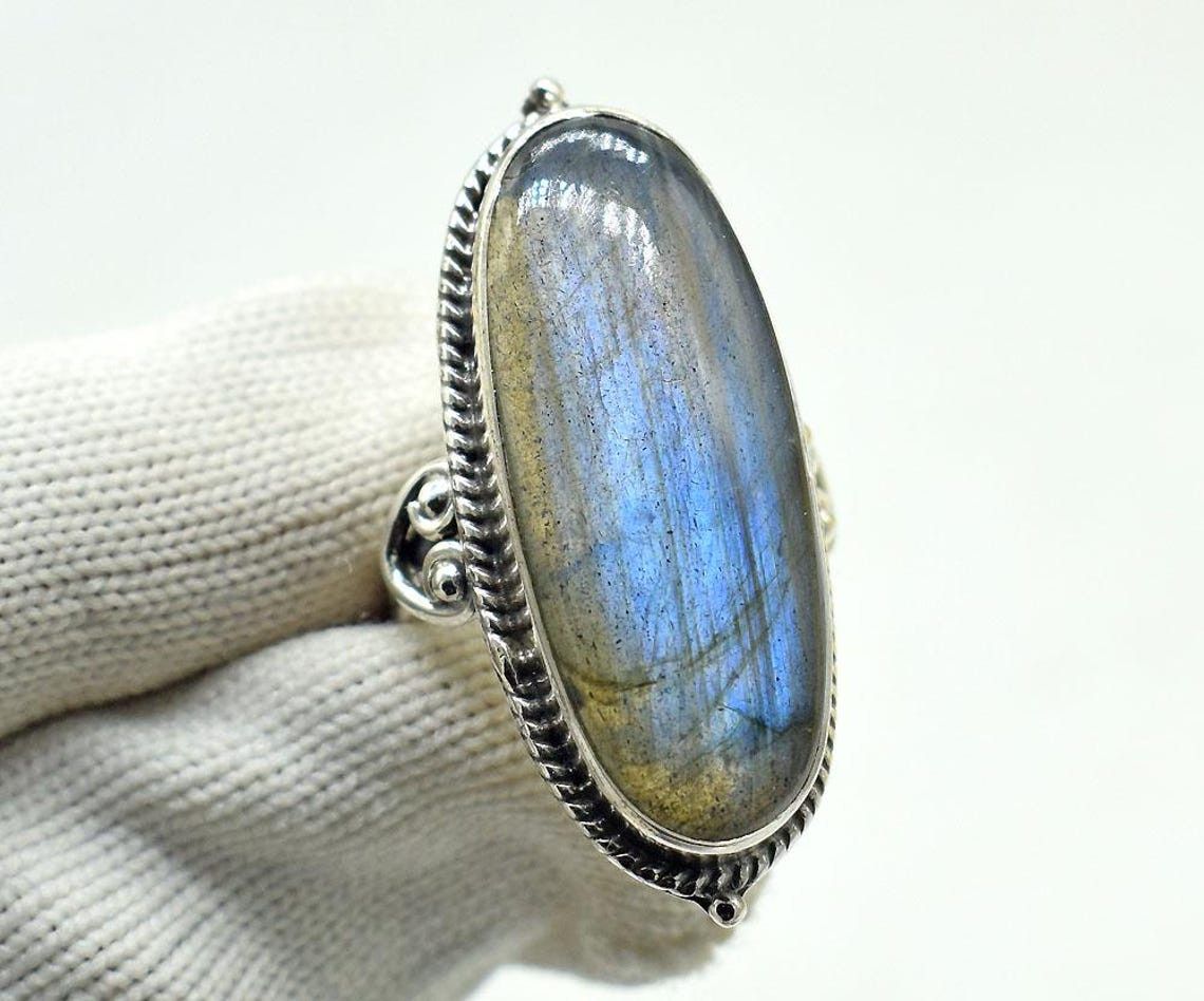 Handmade Labradorite 925 Sterling Silver Ring: Oval Gemstone Size ONE SIZE - 3 Thumbnail