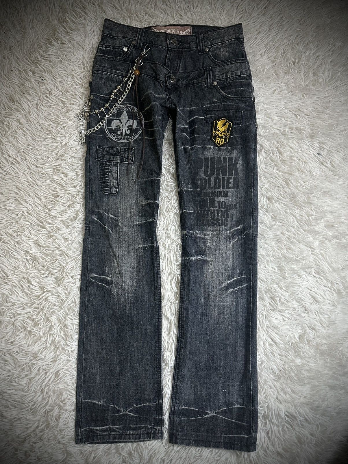 KMRii rare 00s punk soul hysteric double waist flare denim jeans Size US 31 - 1 Thumbnail