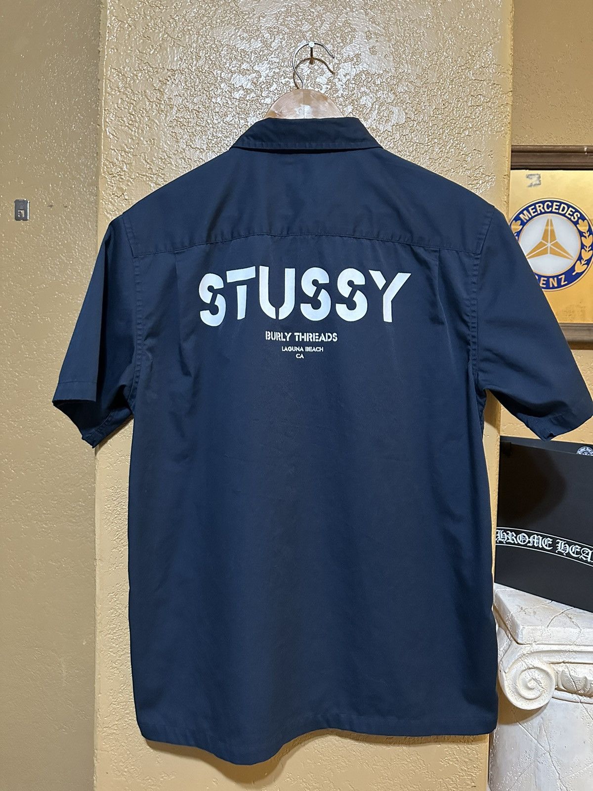 Pre-owned Stussy X Vintage Stussy Burly Threads Button Work Shirt Skate In Navy