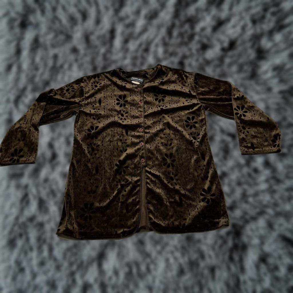 Velour VINTAGE California Krush Tunic Blouse M Velour Brown Floral 70s 90s Bohemian Hippie Retro Womens Mens? Size M / US 6-8 / IT 42-44 - 1 Thumbnail