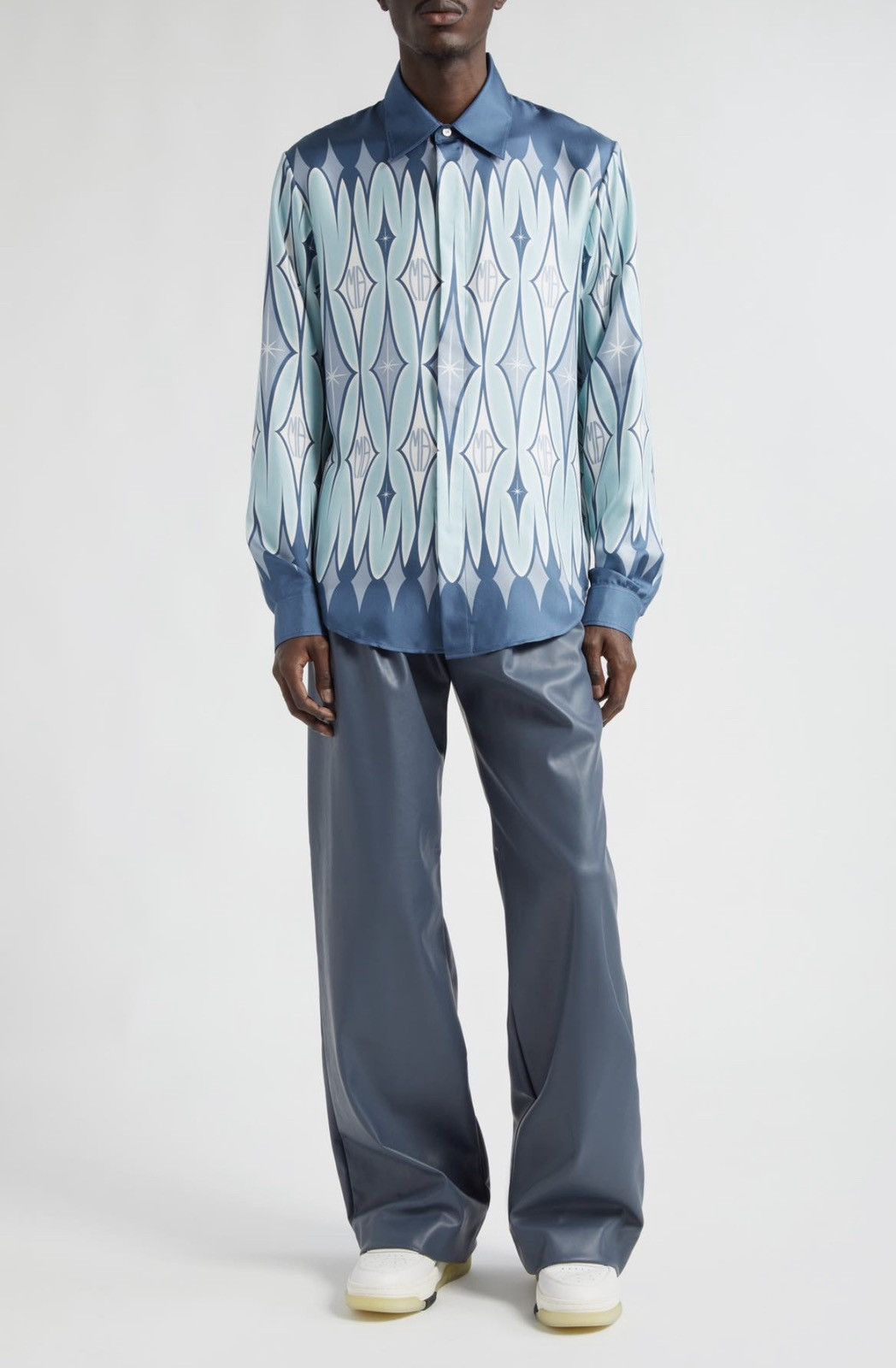 image of Amiri Argyle Monogram Silk Shirt in Blue, Men's (Size Medium)