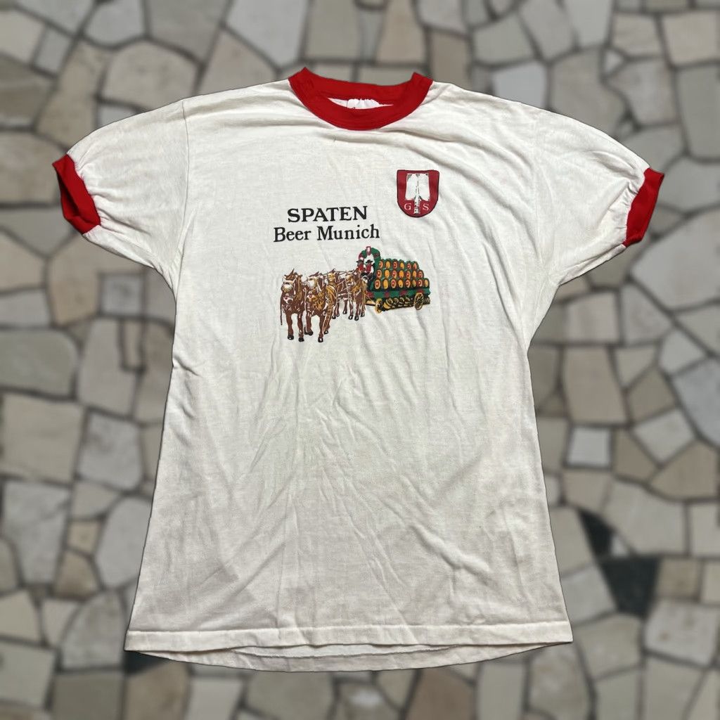 VINTAGE Spaten Beer Munich Ringer Tee Shirt Stedman L White Men Short Sleeve Tee Shirt