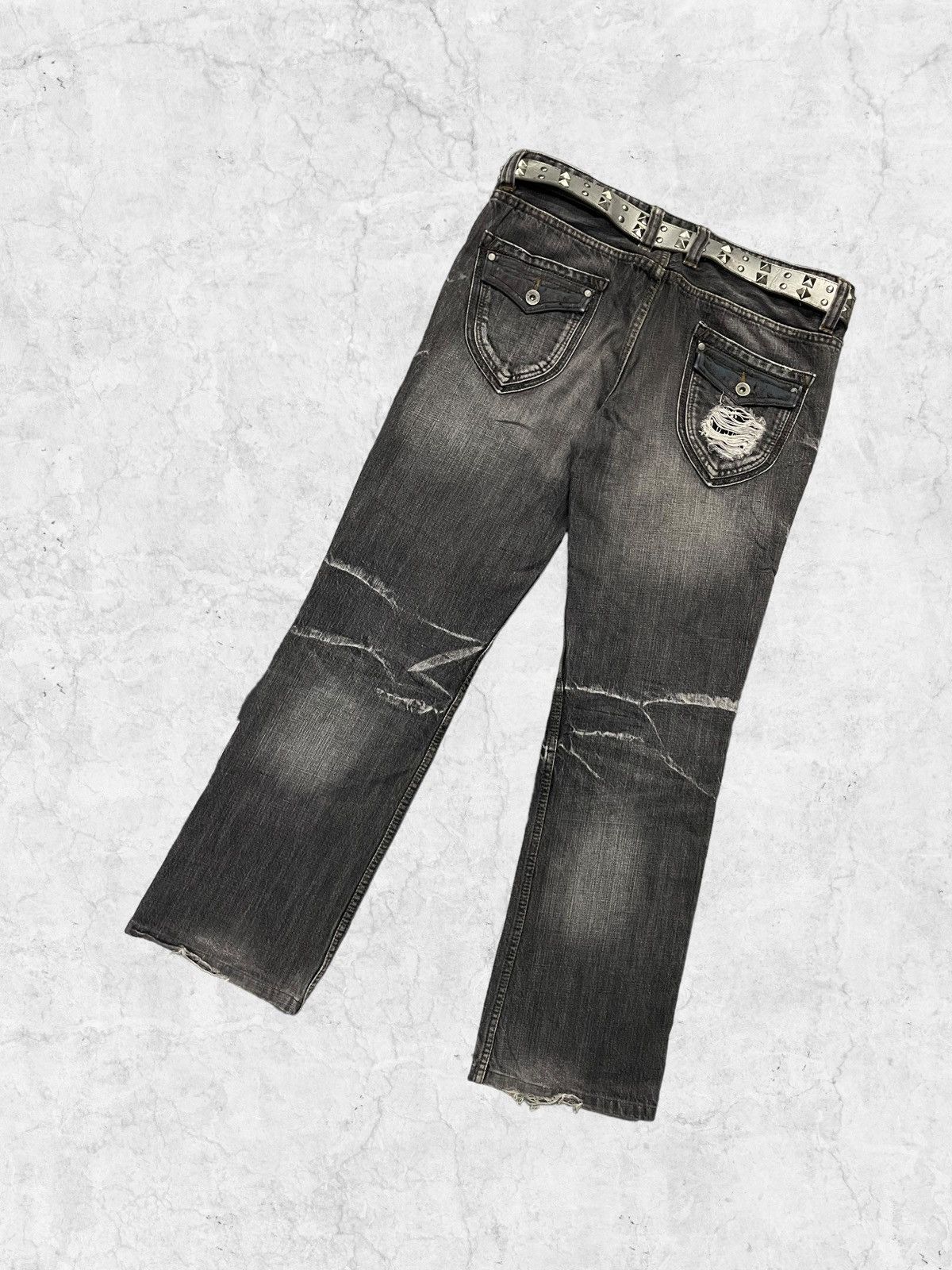 HIDEAWAYS × Japanese Brand Hideaways Distressed Patched Flared Jeans With Studded Belt Size US 32 / EU 48 - 11 Thumbnail