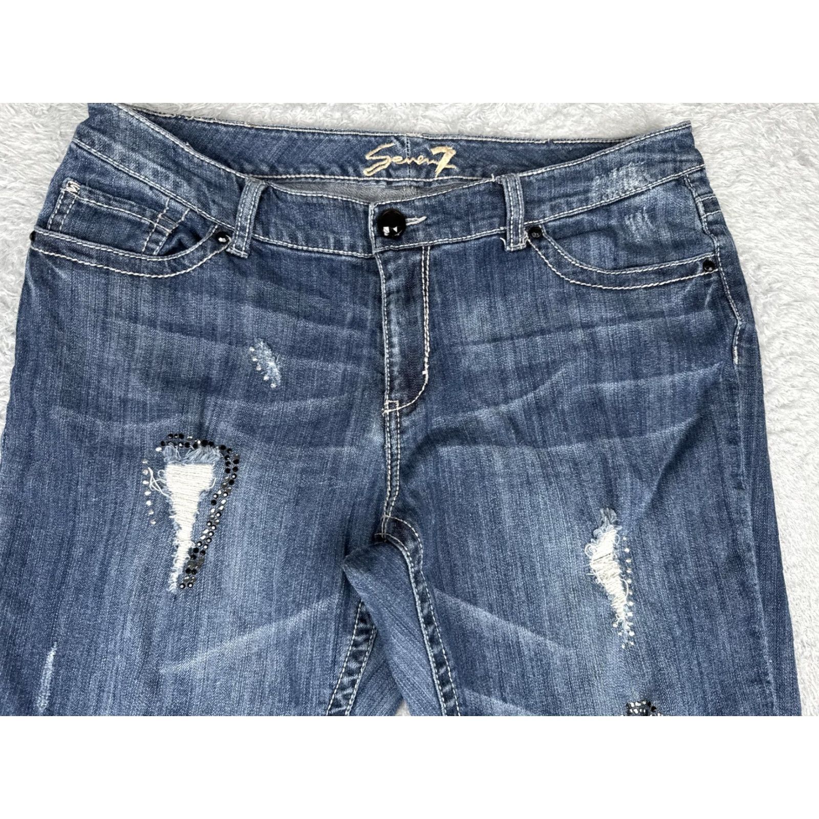 Vintage Seven7 Bootcut Jeans Womens 18 Blue Med Wash Mid Rise Stretch Rhinestone 36x31 Size 40" / US 18 - 4 Thumbnail