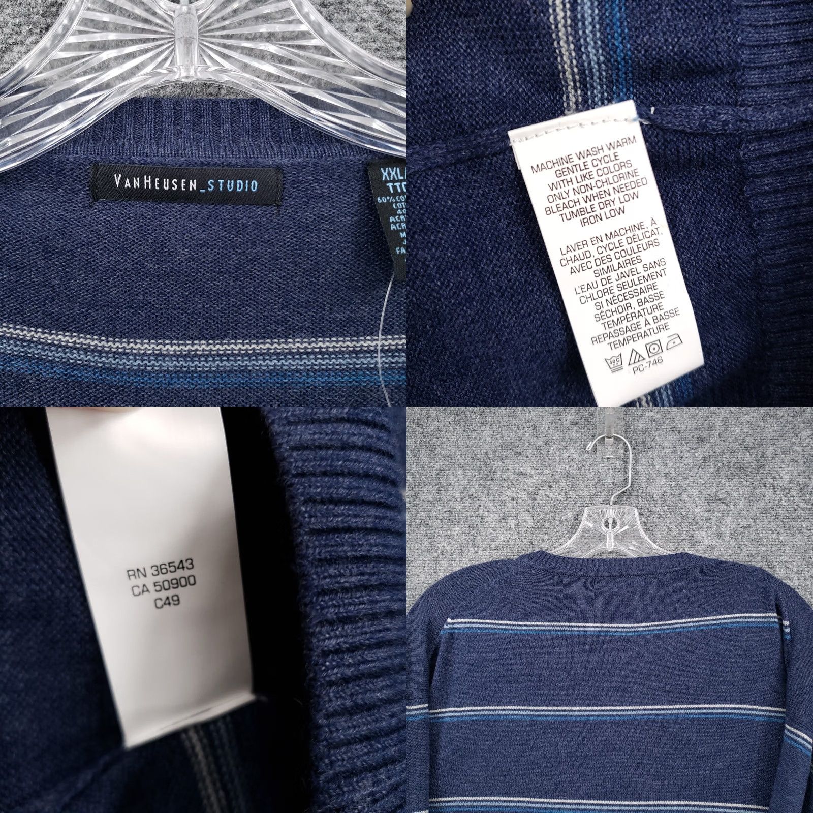 Van Heusen Van Heusen Sweater Mens 2XL Blue V-Neck Pullover Striped Knit Regular All Seasons Size US XXL / EU 58 / 5 - 8 Thumbnail