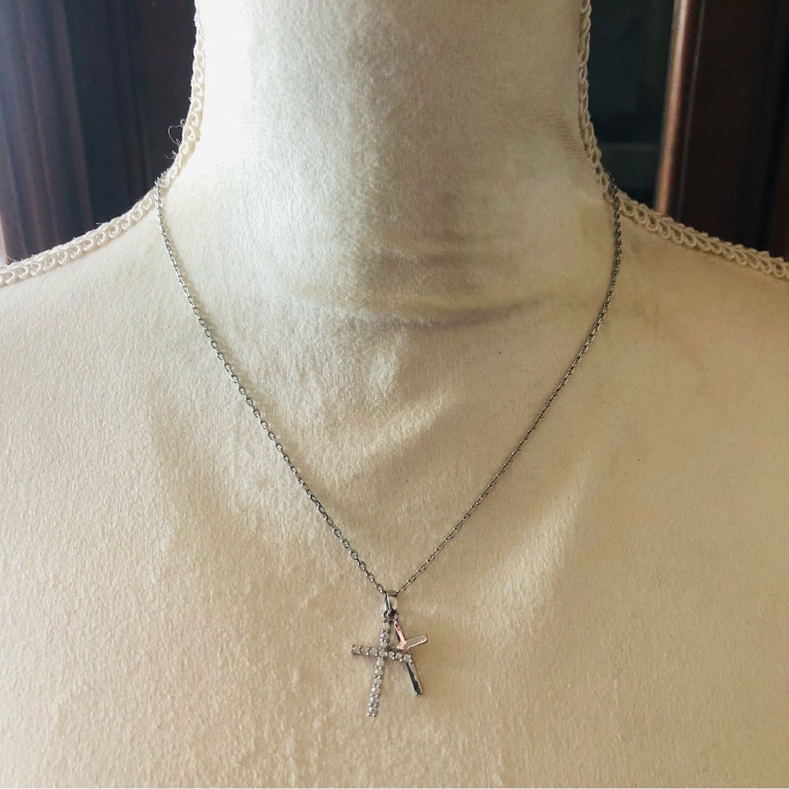 Handmade Double cross stainless steel clear cubic zirconia necklace Size ONE SIZE - 6 Thumbnail