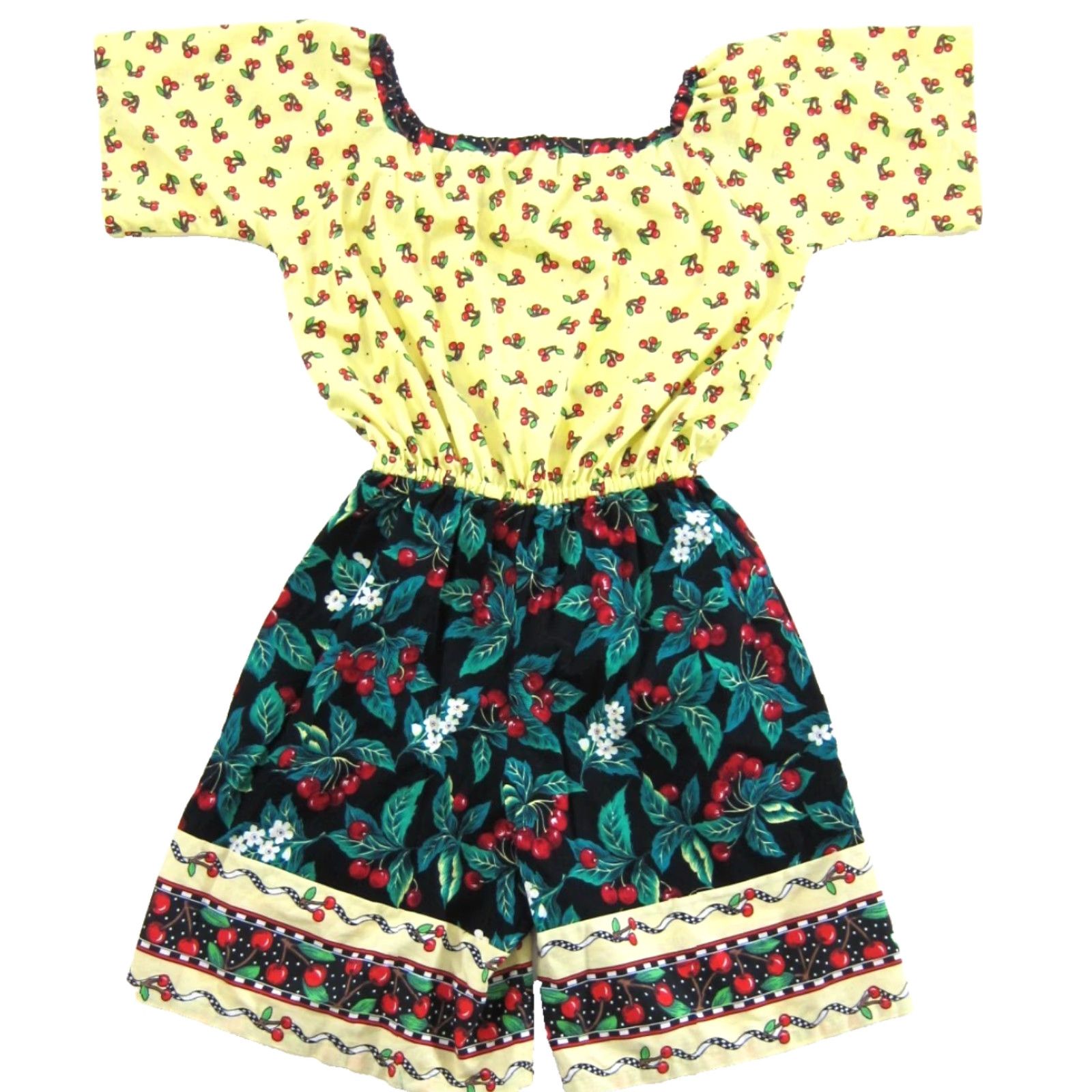 Vintage Vintage Cherry Fruit Floral Yellow Red Green Black Pocket Jumpsuit M Women's One-Piece Short Sleeve Cotton 100% Vintage Jumpsuit with Pockets Size 32" / US 10 / IT 46 - 2 Thumbnail