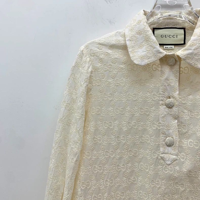 Gucci Gucci Beige logo jacquard full-print cotton lapel long-sle Size S / US 4 / IT 40 - 3 Thumbnail