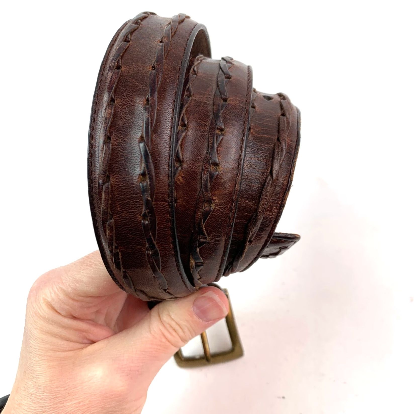 Vintage VINTAGE Dark Brown Leather Belt Men Adjustable Brass Tone Buckle Size 34 Size 34 - 3 Thumbnail