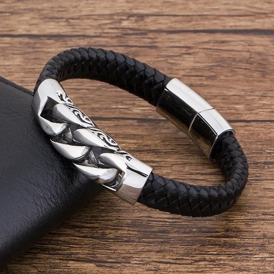Jewelry × Vintage Charm Braided Rope Layered Magnetic Leather Cross Bracelet Size ONE SIZE - 1 Thumbnail