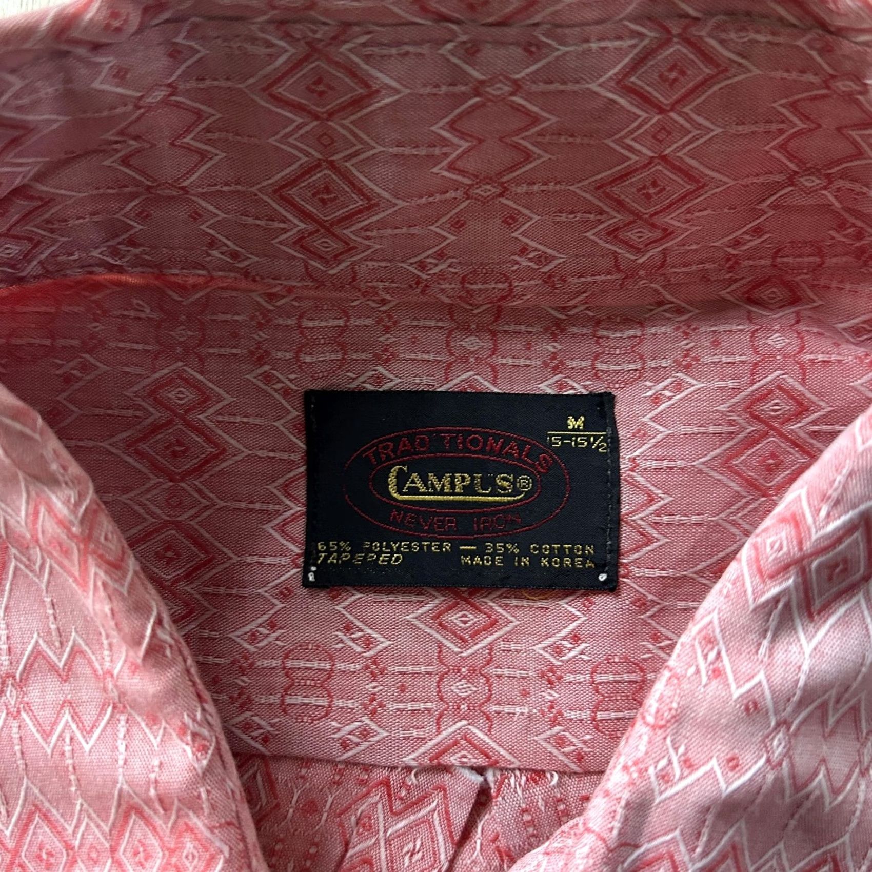 Vintage VINTAGE Campus Dress Shirt Mens Pink Geometric Never Iron Long Sleeve 15.5 32/33 Size 40R - 4 Thumbnail