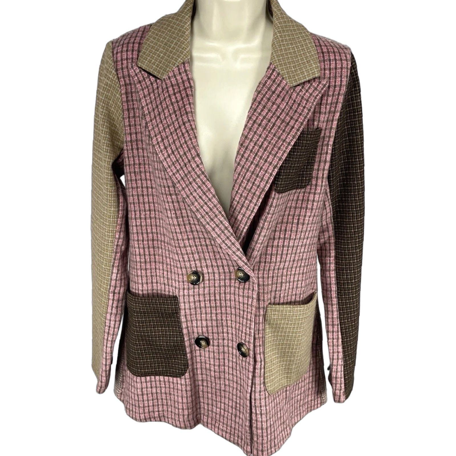 Vintage Mystree Pink & Brown Double Breasted Peak Vented Blazer Size S Womens Size S / US 4 / IT 40 - 1 Thumbnail