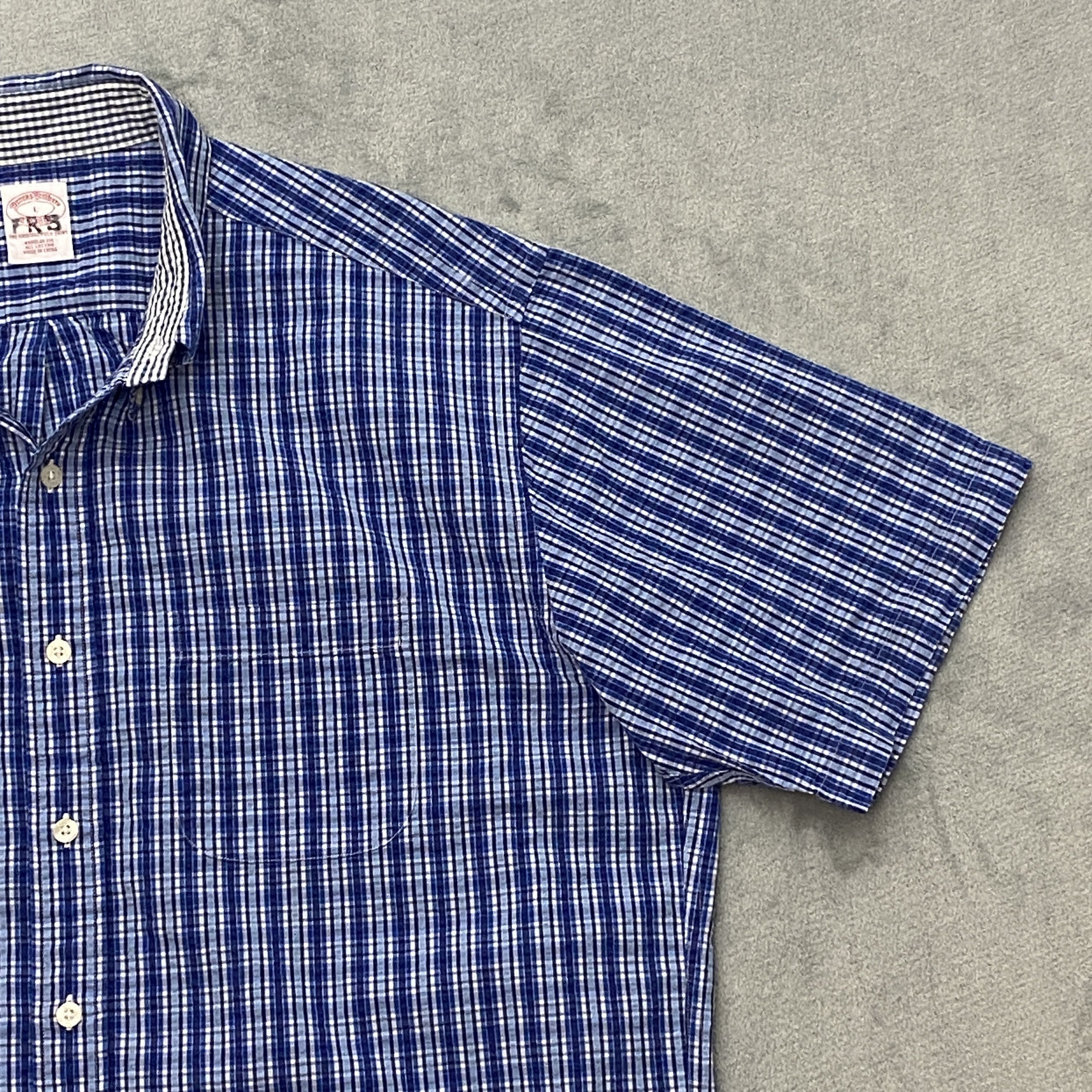 Brooks Brothers SEERSUCKER Shirt Men Large Plaid Original Polo Short Sleeve Size US L / EU 52-54 / 3 - 5 Thumbnail