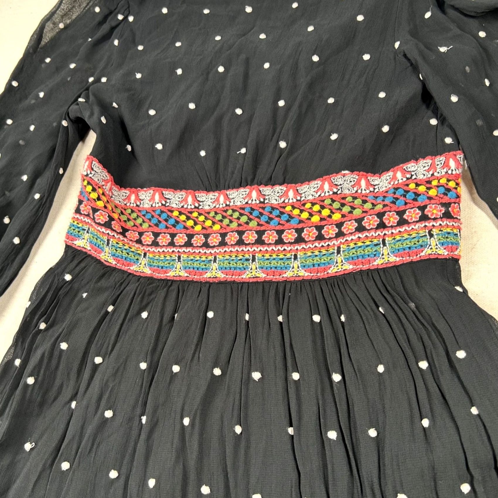 Anthropologie Anthropologie Black Maxi Dress Womens 4 Smocked Tiered Embroidered Polka Dot V Neck Size S / US 4 / IT 40 - 3 Thumbnail