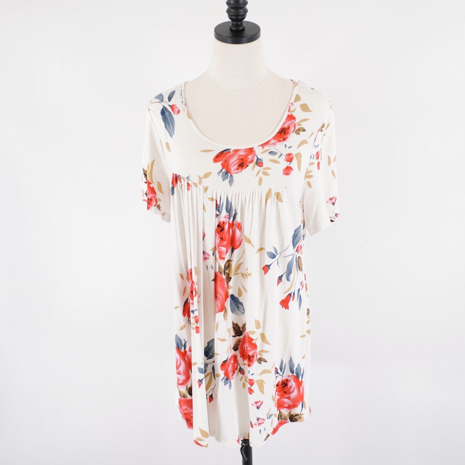 Designer Cathy XL Cream Pink Tan Floral Sun Dress Boat Neck Short Sle Size XL / US 12-14 / IT 48-50 - 1 Thumbnail