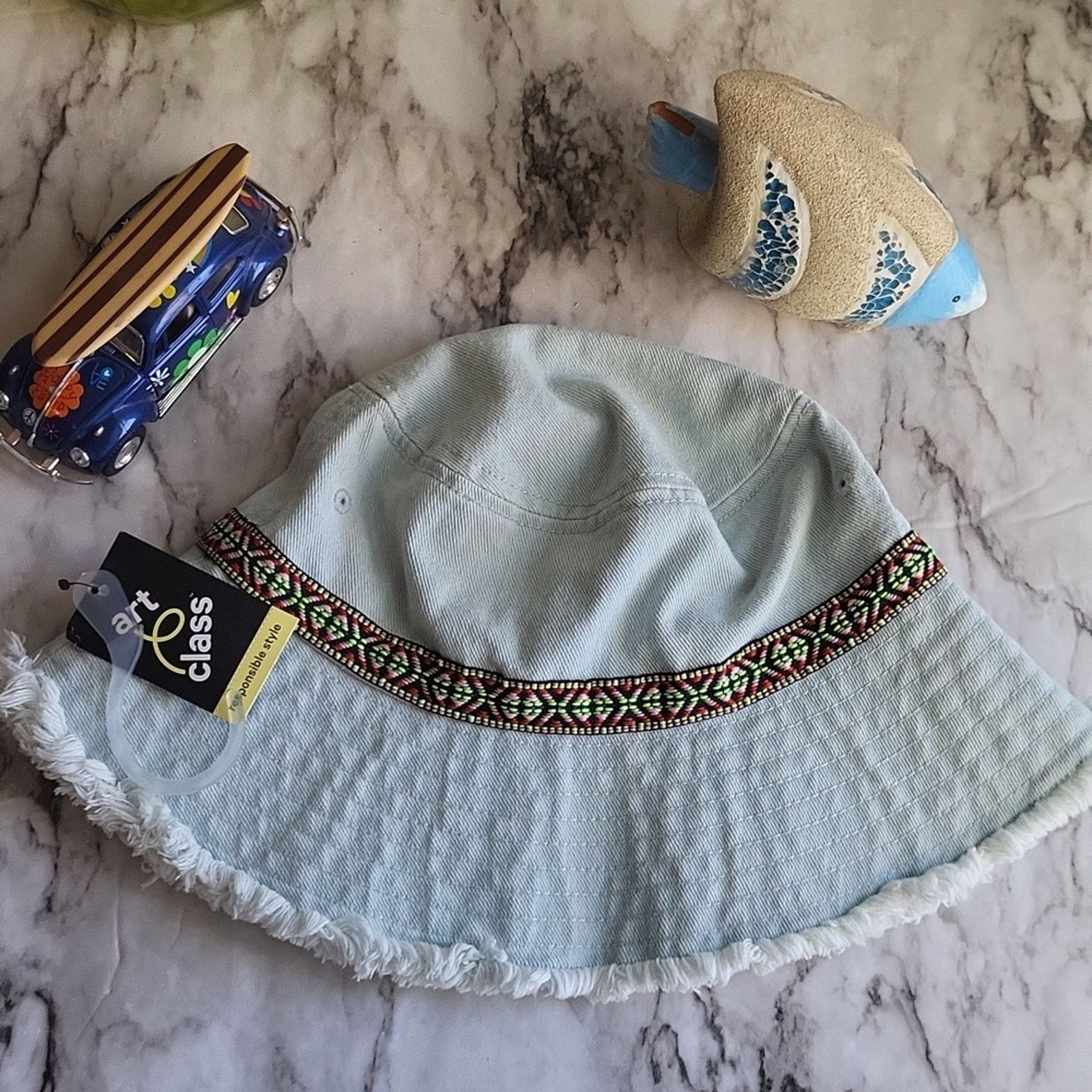 The Unbranded Brand Light Blue Jeans Bucket Hat with Patterned Band Size ONE SIZE - 3 Thumbnail