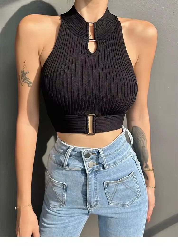 Vintage Sexy Tank Tops Chic Y2K Halter Off Shoulder Elastic Size ONE SIZE - 2 Thumbnail