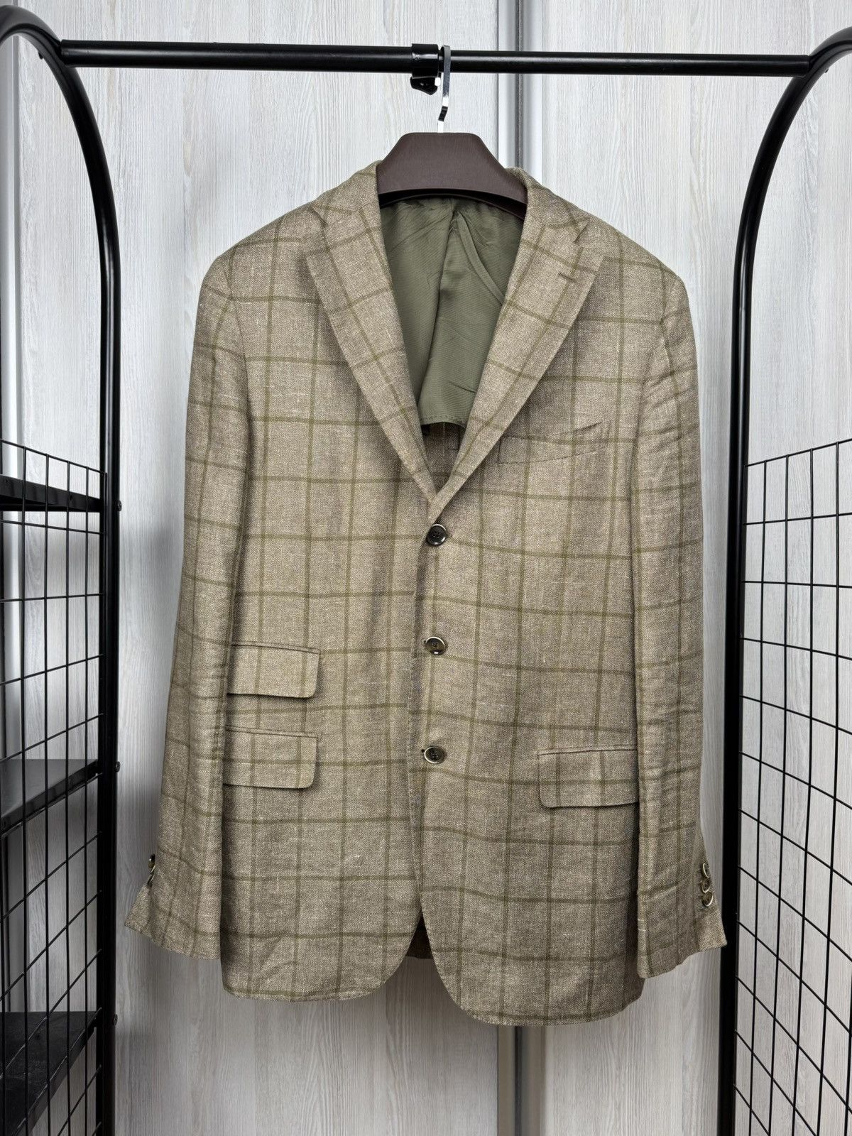 Doriani Doriani Milano beige checkered unlined linen wool blazer Size 44R - 1 Thumbnail