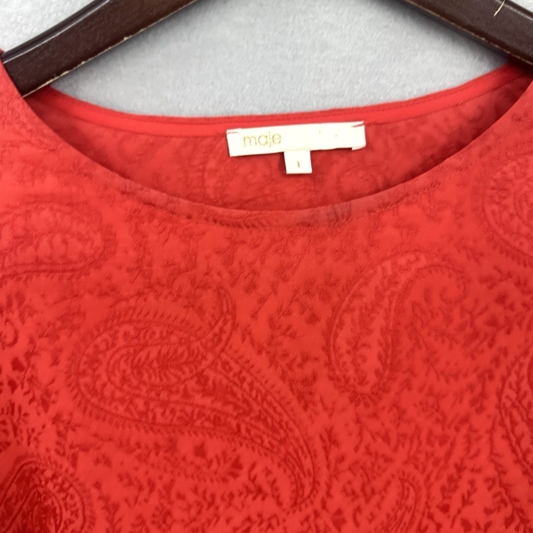 Maje Maje Ruffled Mini Dress Small Red Long Sleeve Round Neck Satin Casual Party Womens Size S / US 4 / IT 40 - 6 Thumbnail