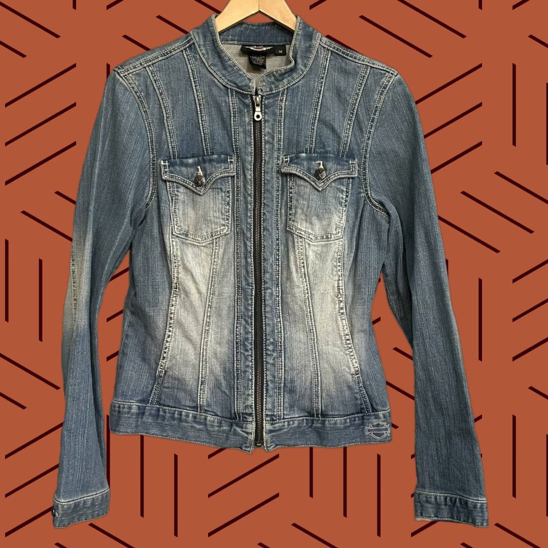 Harley-Davidson Jacket Denim Full Zip Embroidered Womens M Blue Cotton Denim Short Jacket Solid Vintage Regular